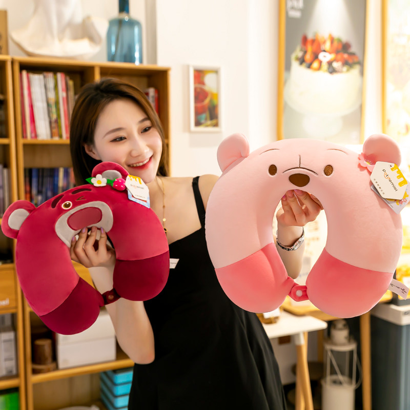 디즈니 딸기곰 메모리폼 U자형 베개 귀여운 학생 사무실 점심시간 목보호대 여행 비행기 목베개 U자형 베개