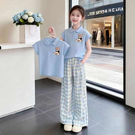 女童夏季polo衫套装2026新款儿童洋气时髦格子中大童休闲裤两件套