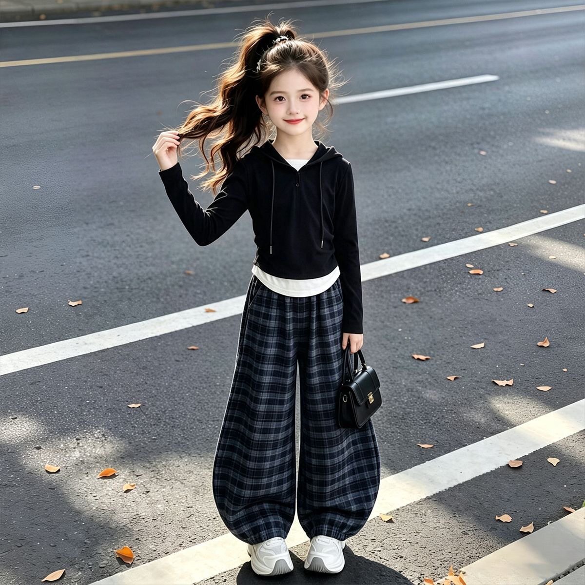 女童春秋连帽格子裤显瘦套装