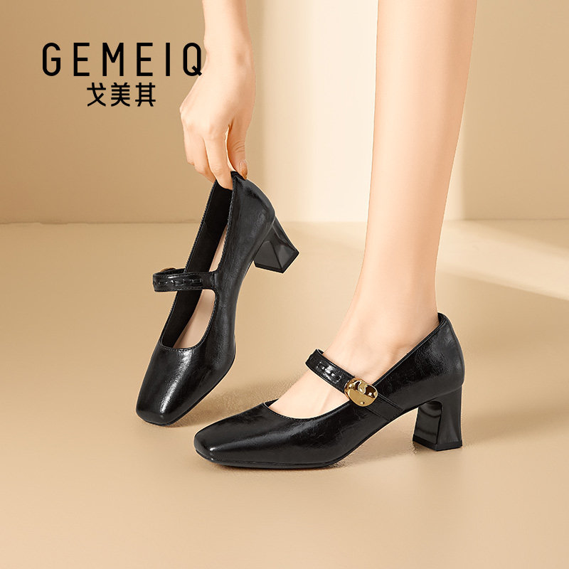 戈美其黑色玛丽珍鞋浅口单鞋