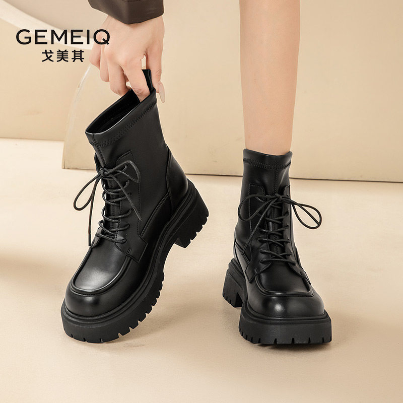 戈美其2025新款冬季马丁靴女单靴厚底增高交叉绑带短靴英伦风女靴