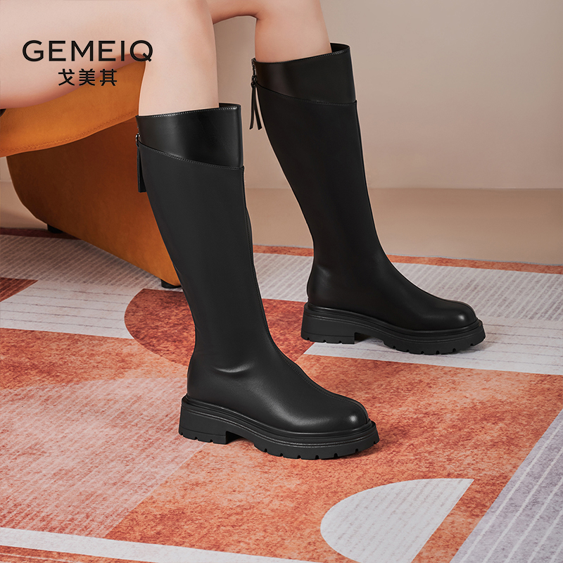 戈美其厚底不过膝后拉链时装靴