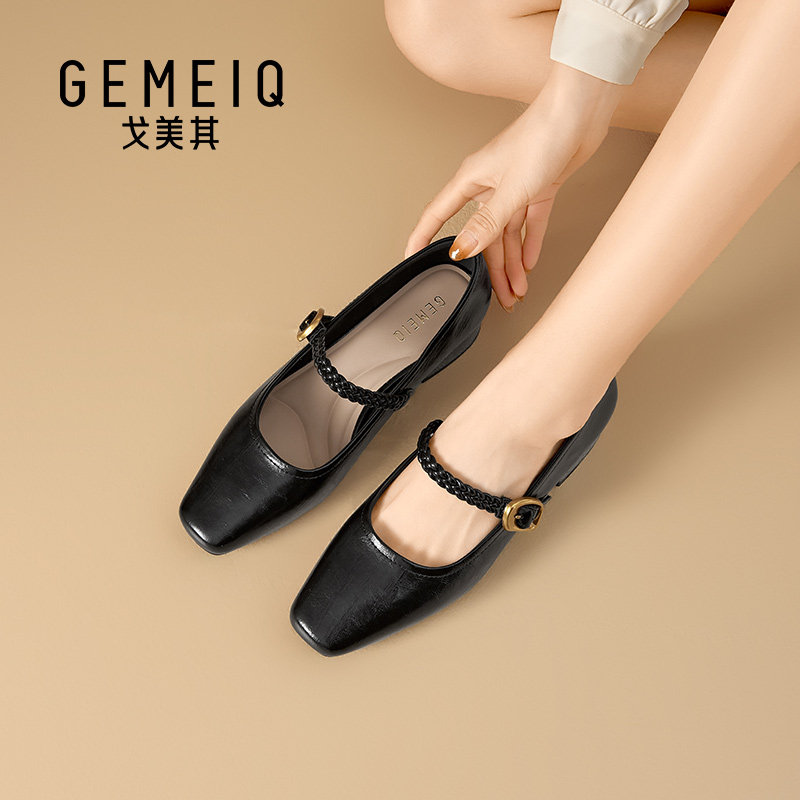 戈美其方头玛丽珍鞋女商场同款一字带粗跟浅口单鞋黑色气质小皮鞋,女鞋,浅口单鞋,淘宝优惠券,粉丝福利购,淘宝优惠卷