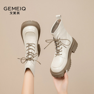 戈美其2025新款 女系带单靴复古英伦风女靴机车短靴厚底马丁靴 冬季