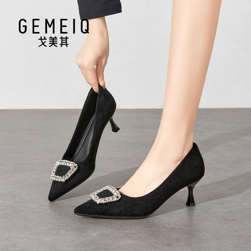 戈美其黑色尖头高跟鞋女商场同款水钻细跟女鞋通勤浅口单鞋不累脚