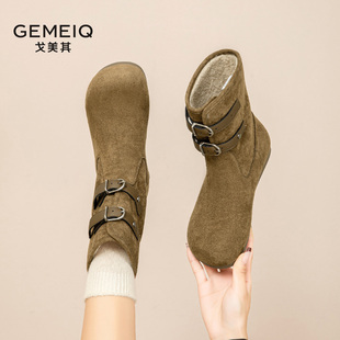 戈美其2025秋冬新款 女双皮带扣勃肯中筒靴百搭马丁女靴绒面雪地靴