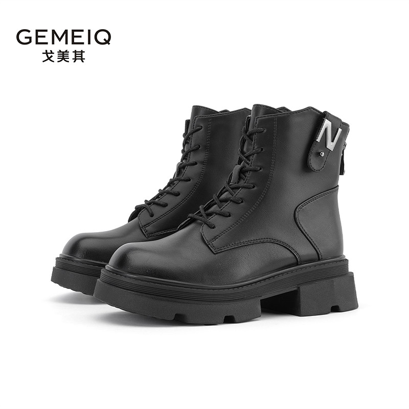戈美其2025新款秋冬季女款小个子爆款单靴鞋子短靴厚底黑色马丁靴