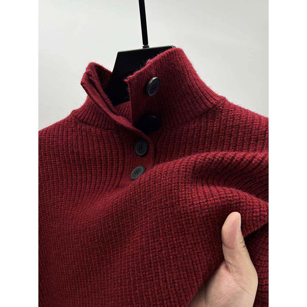 纽扣立领加厚毛衣男秋冬季宽松慵懒风针织衫男装半高领红色打底衫