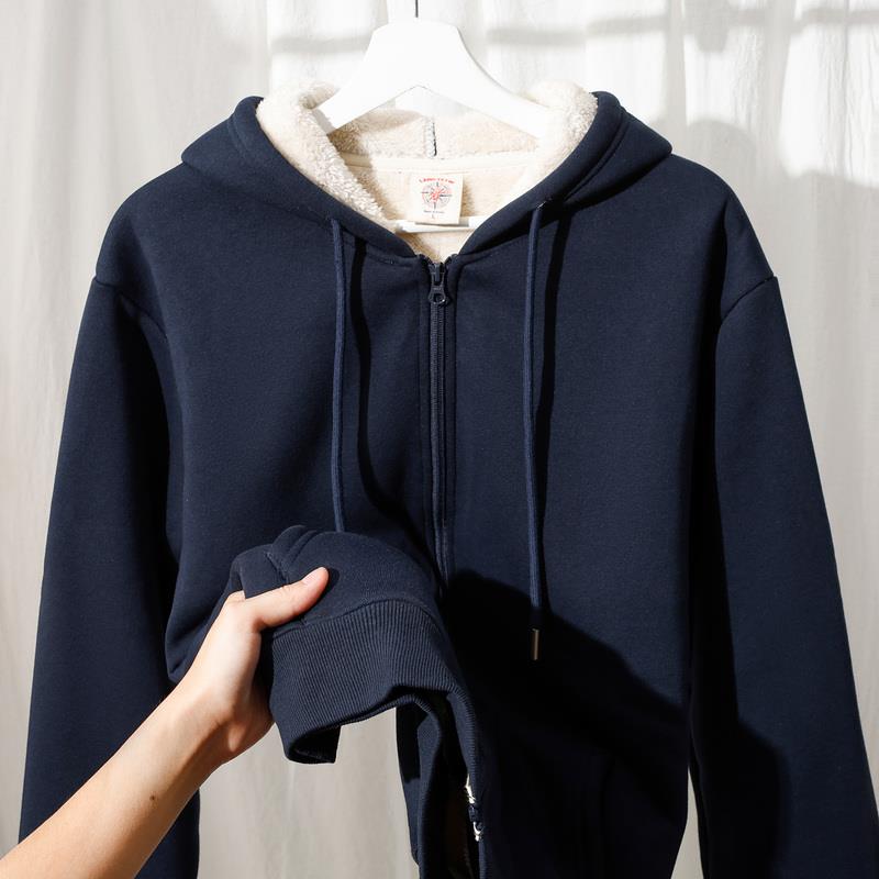 MAROLIO~抗寒利器！重磅羊羔绒卫衣外套男加绒加厚保暖连帽开衫女