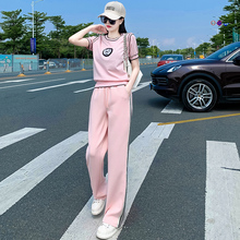 欧洲站运动套装女夏季2025新款休闲时尚粉色减龄短袖阔腿裤两件套