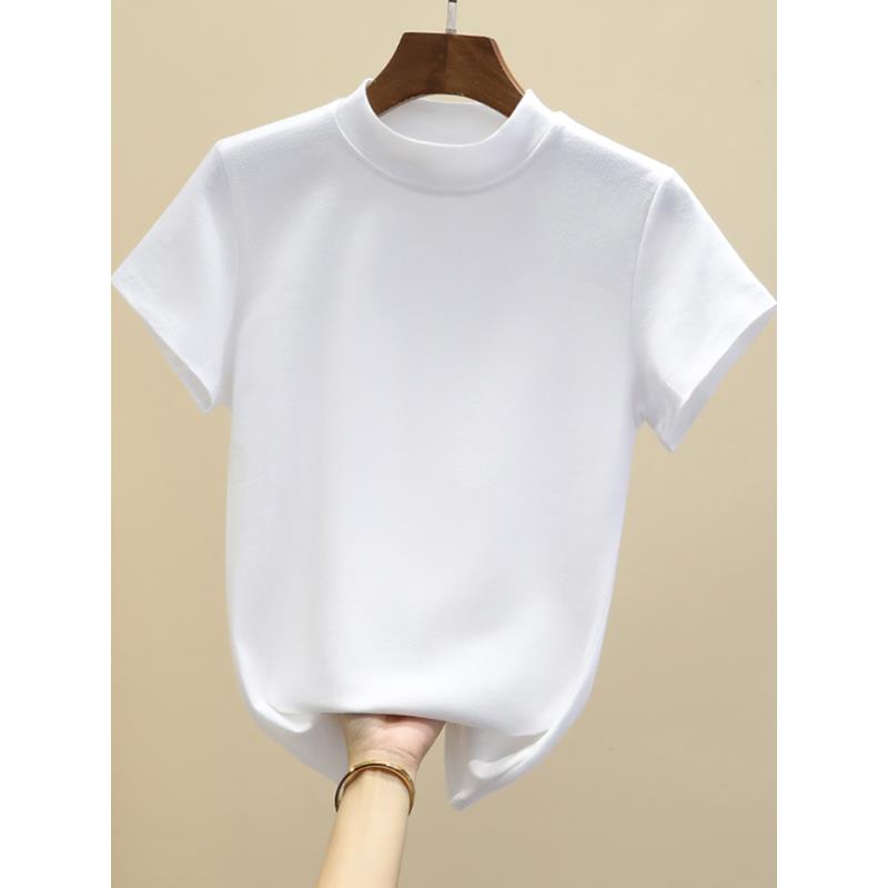 韩国纯白t恤女式半高领短袖紧身底衫薄棉内顶夏季t恤