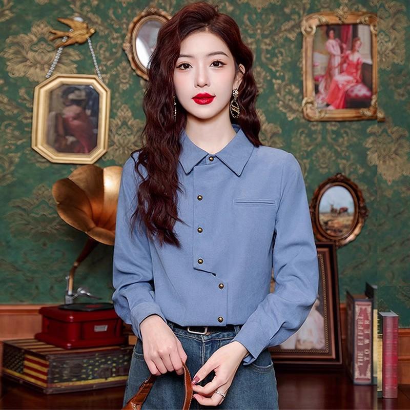 法式不规则磨毛polo领长袖衬衫女秋冬2025新款春季高级感气质上衣