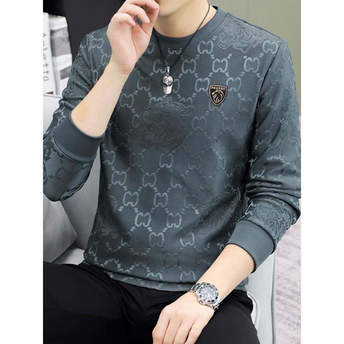 秋衣男款卫衣秋季新款潮流修身圆领印花男士高端薄款长袖T打底衫