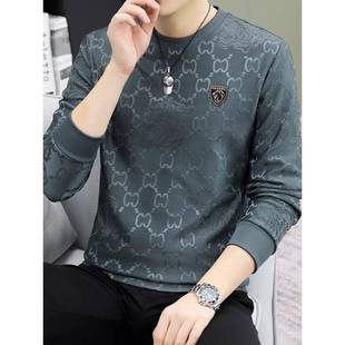 秋衣男款卫衣秋季新款潮流修身圆领印花男士高端薄款长袖T打底衫