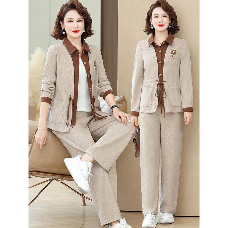 中老年女装春秋2025新款年轻妈妈春装套装时尚衬衫上衣洋气两件套