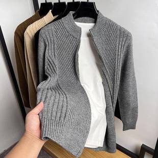 高端纽花纯色开衫男针织衫秋冬季厚款毛衣外套男潮流立领夹克线衣