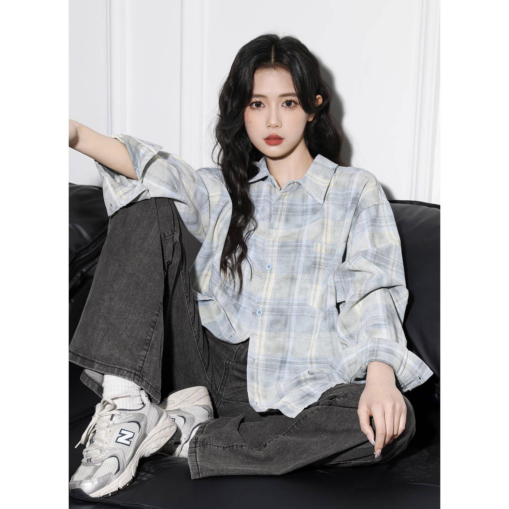 韩国蓝色格子长袖衬衫外套女春2025春秋新款慵懒风bf宽松防晒上衣
