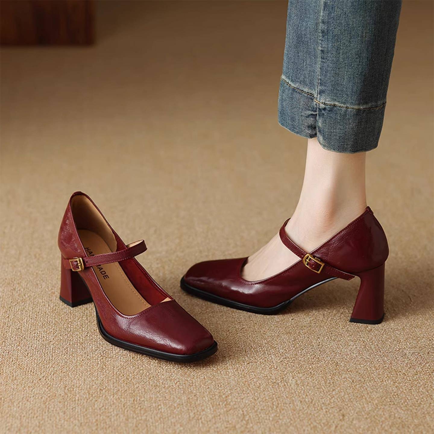 A.D Hepburn~法式软羊皮玛丽珍鞋一字扣带粗跟高跟单鞋女40大码41