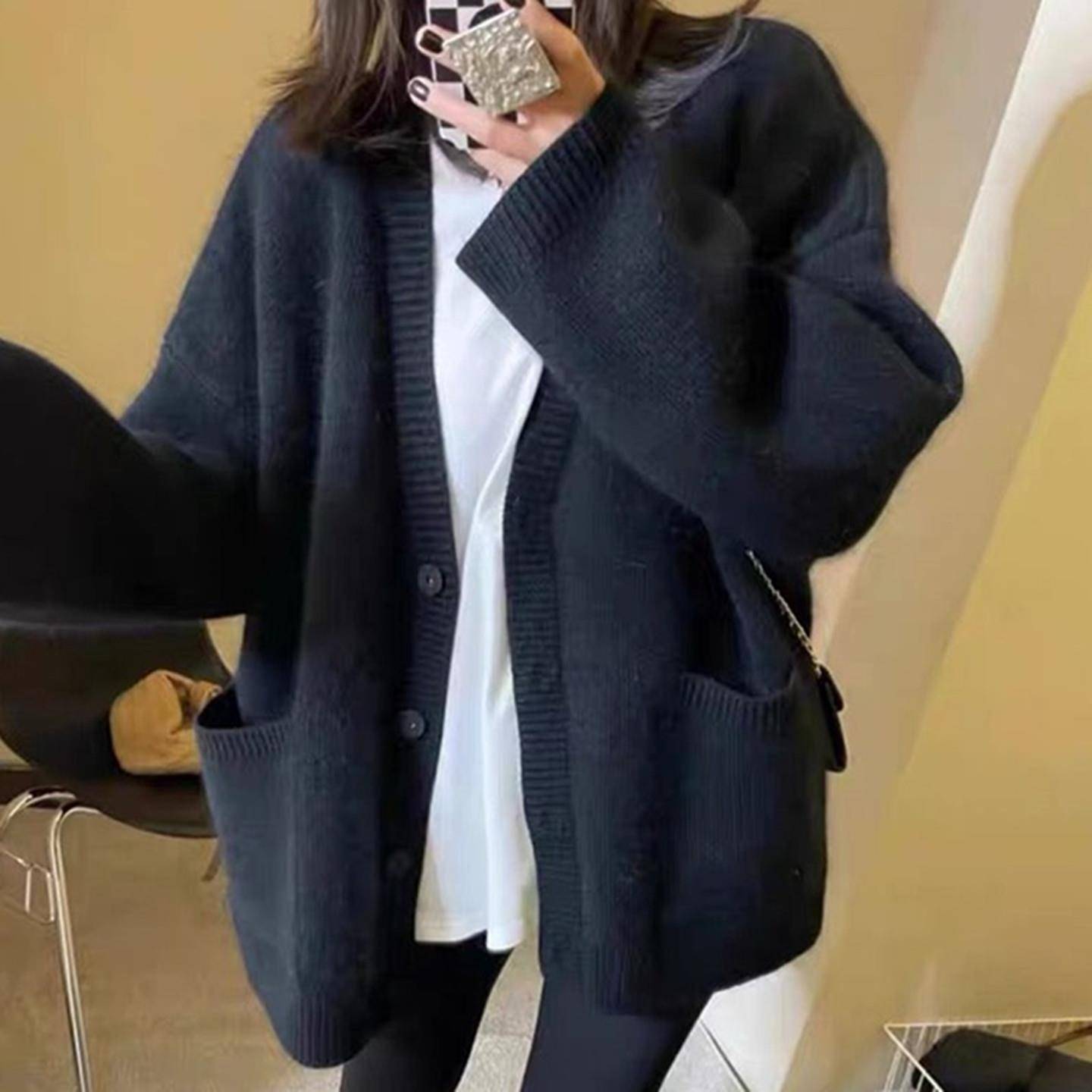 软糯质感~baby小山羊绒宽松V领舒适针织慵懒时髦风开衫毛衣外套