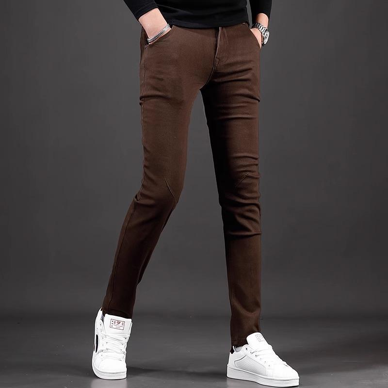 轻奢高端咖啡色牛仔裤男士修身烟管裤显瘦弹力休闲长裤子高级感