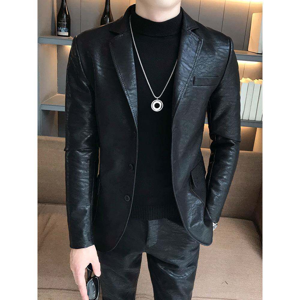 潮牌西装男韩版百搭修身秋冬抗皱男士西服痞帅气质潮流皮夹克外套