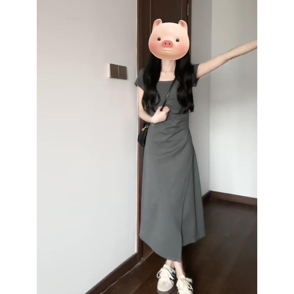 欧洲站2025夏季法式风格灰色连衣裙女士小巧大方的Dex高端长裙