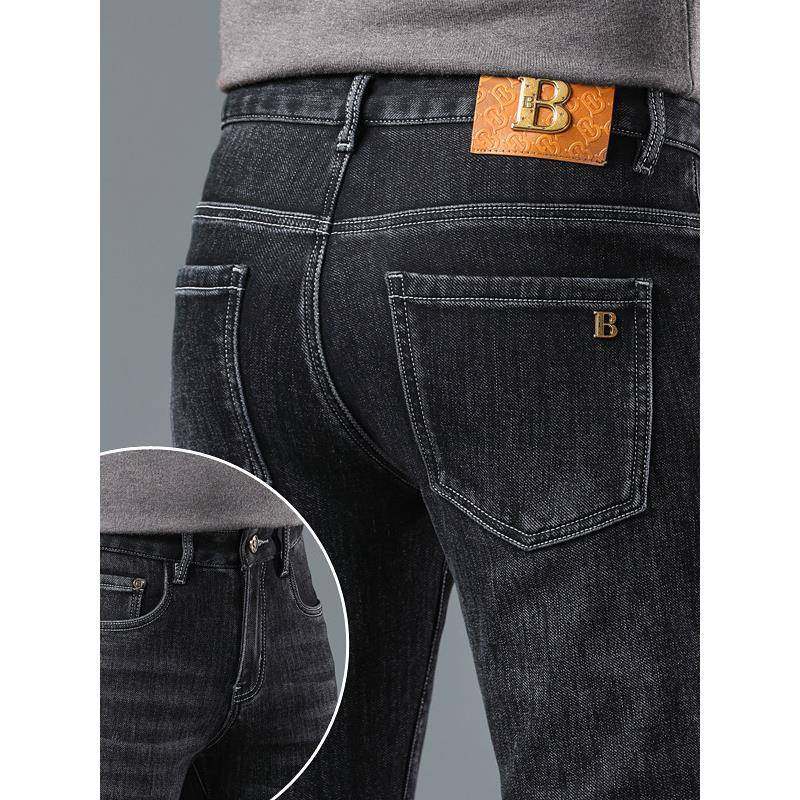 欧洲站黑色牛仔裤男款秋冬季加绒加厚弹力修身直筒休闲男士长裤子