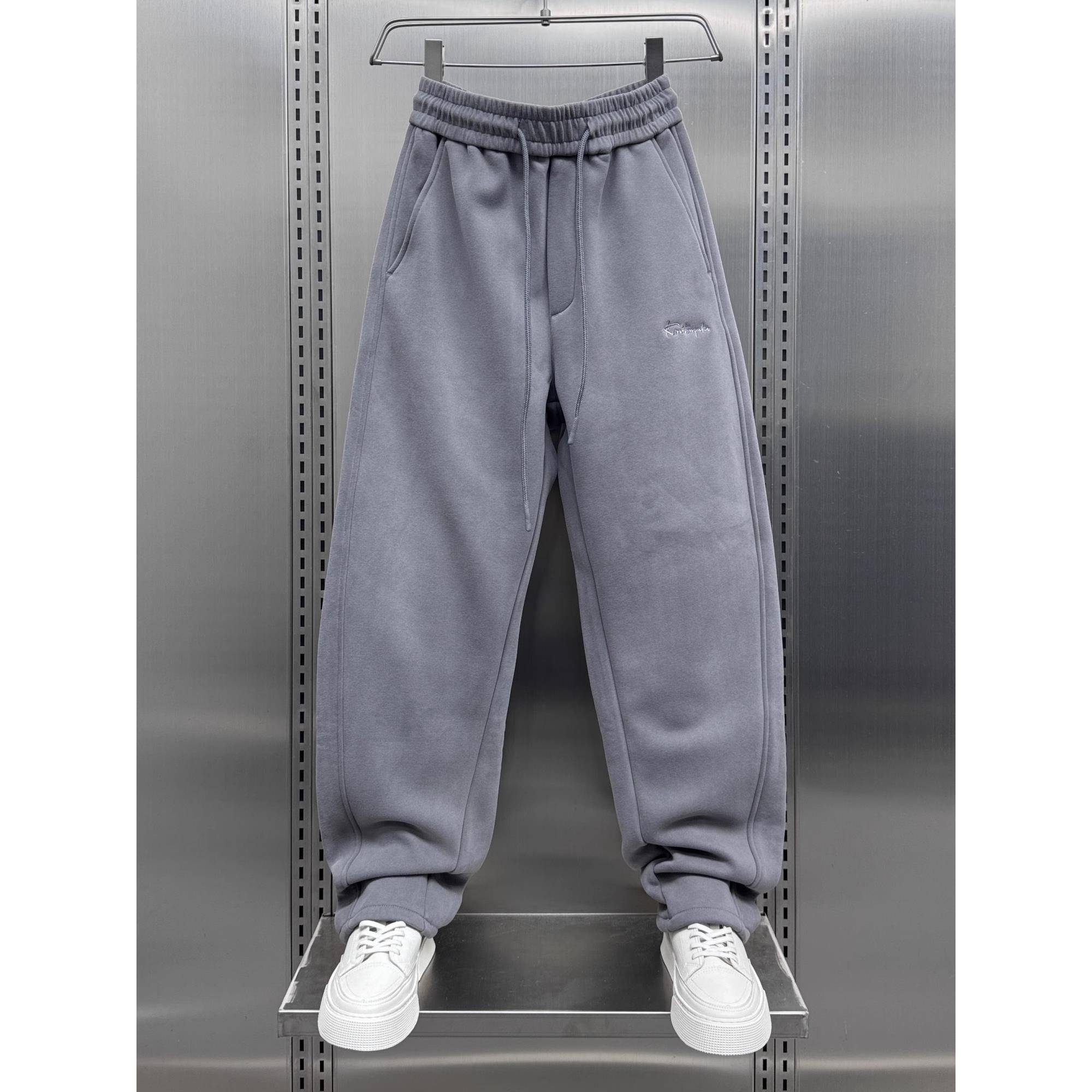 MAROLIO~潮流痞帅！秋冬加绒弯刀裤男潮牌刺绣宽松运动休闲直筒裤