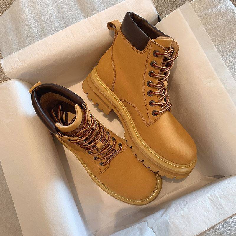 踢不烂大黄靴女磨砂真皮高筒厚底英伦风马丁靴系带短筒工装靴短靴