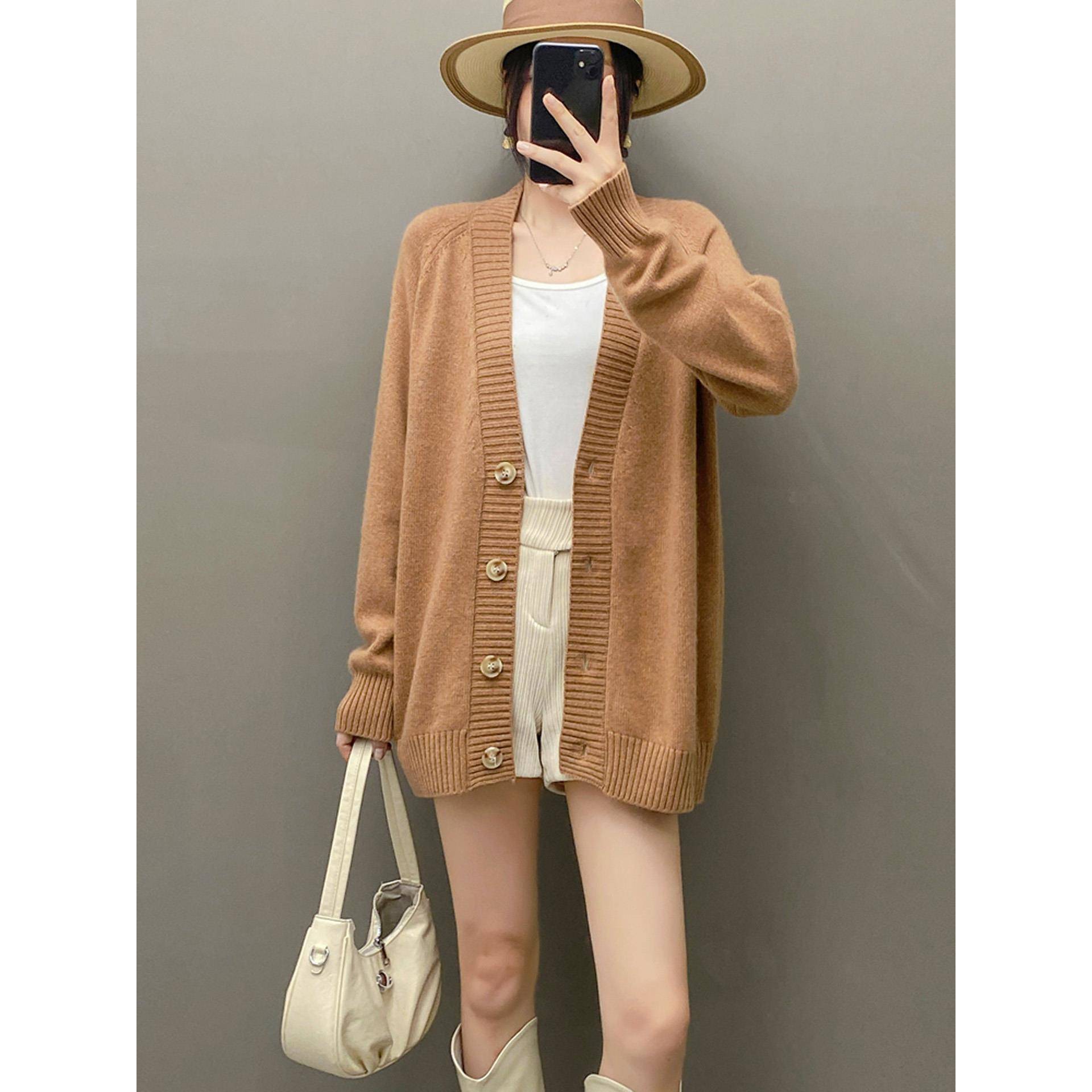 欧货软糯山羊绒衫女V领中长款宽松秋冬新品加厚毛衣针织开衫外套