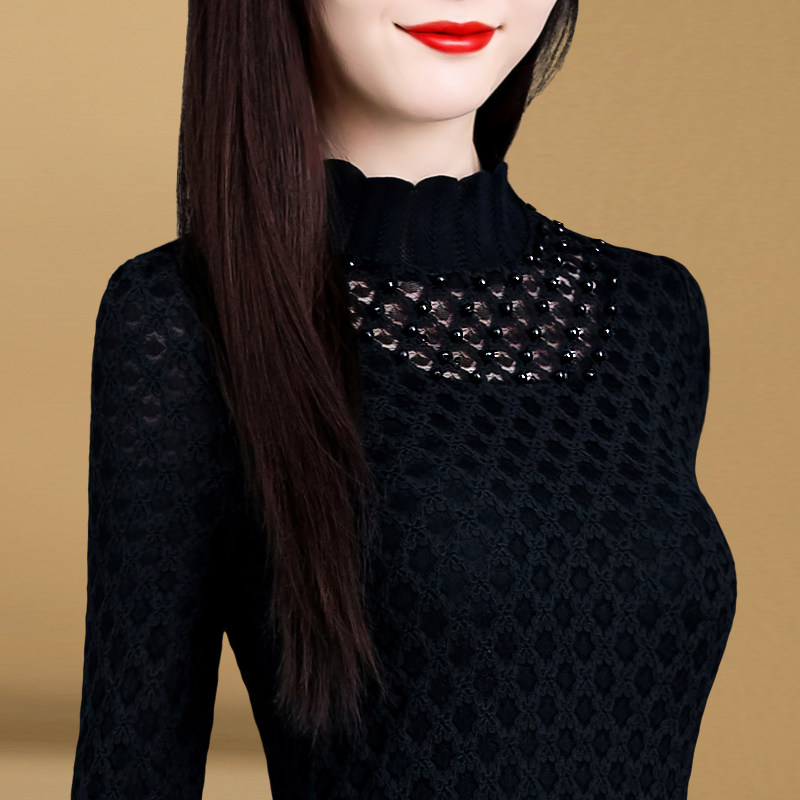 时尚蕾丝打底衫女秋冬2021新款长袖加绒保暖小衫修身百搭气质上衣