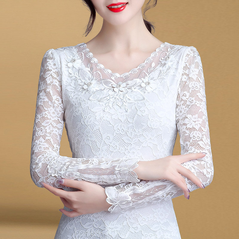 白色气质加绒蕾丝打底衫女长袖2020秋冬时尚内搭修身显瘦保暖上衣