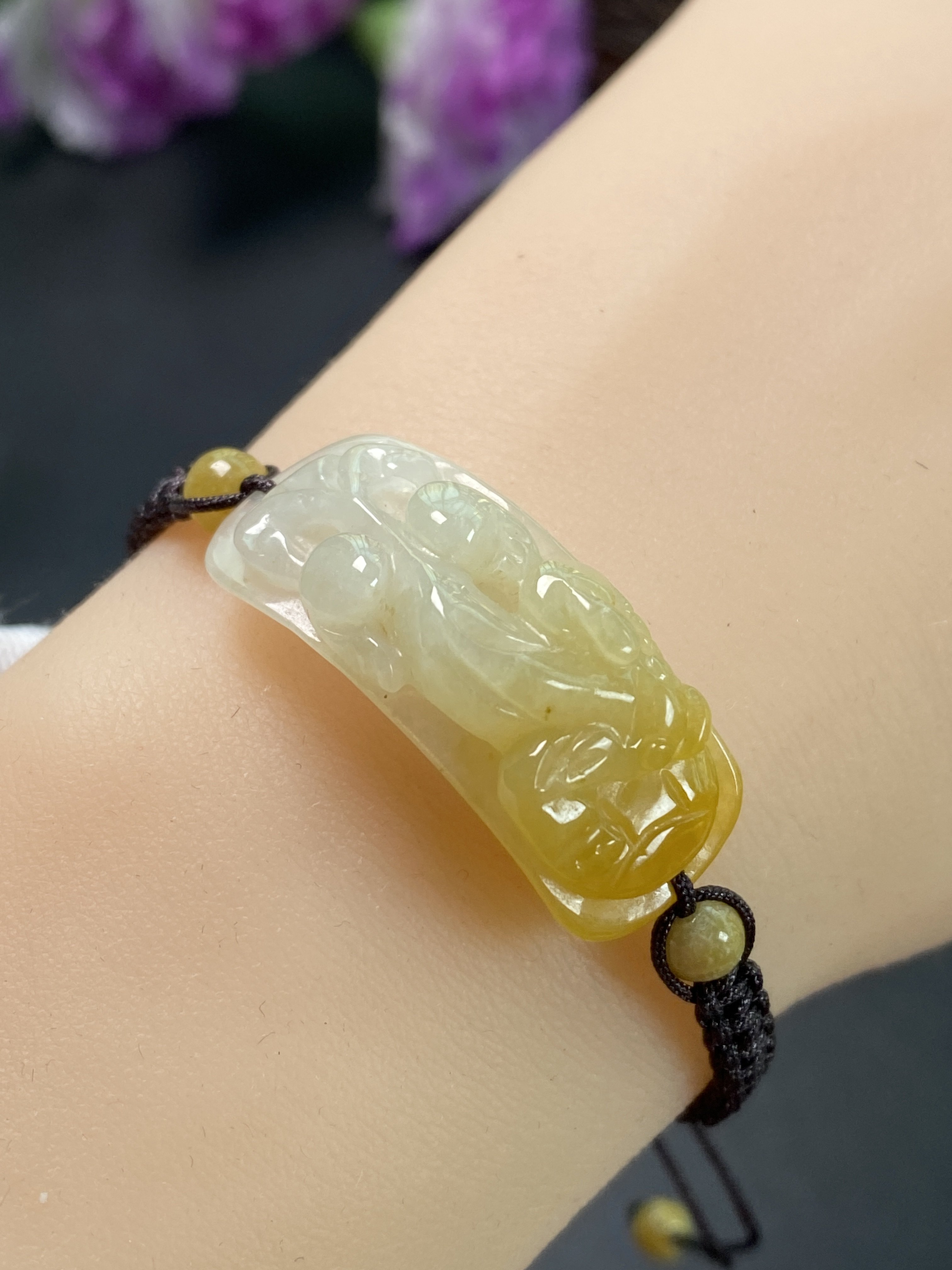 缅甸天然冰黄翡貔貅手牌 手链 证书编号8843
