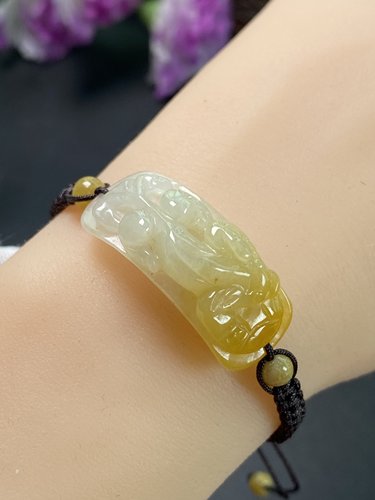 缅甸天然冰黄翡貔貅手牌 手链 证书编号8843