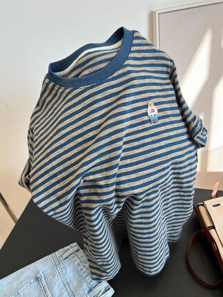 品牌外贸清仓捡漏撤回～~美式棉质短袖T恤男女同款条纹宽松百搭潮