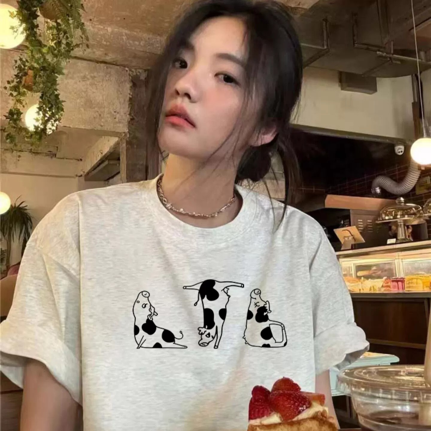 韩版卡通搞怪奶牛短袖T恤男女夏季宽松ins慵懒百搭半袖纯棉上衣潮