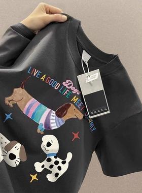 腊肠狗美式复古纯棉深灰色短袖T恤男女夏季可爱印花小众体恤上衣