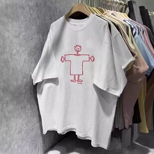 oversize大码纯棉白色短袖T恤男女卡通设计感印花宽松慵懒风上衣