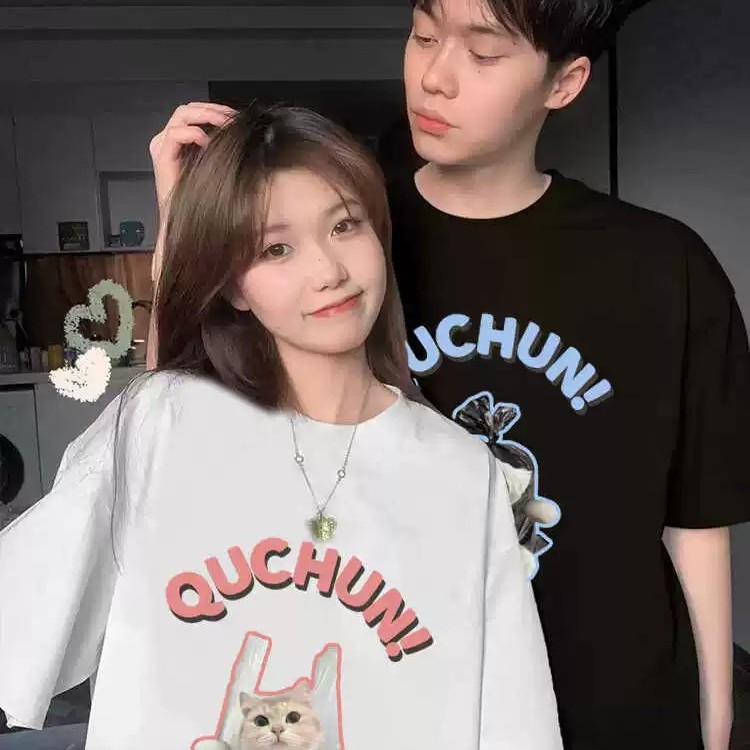 可爱风卡通袋子猫咪狗狗印花情侣装T恤男女2026新款夏季纯棉上衣