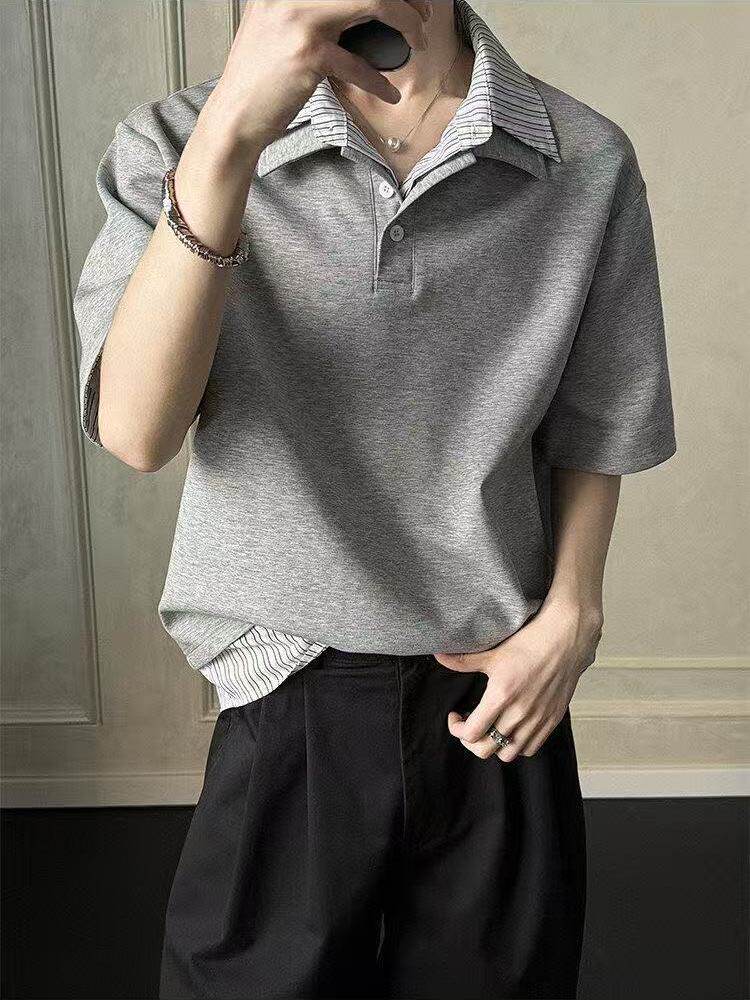 灰色条纹拼接Polo衫男款潮牌美式假两件T恤夏季新款宽松男士上衣