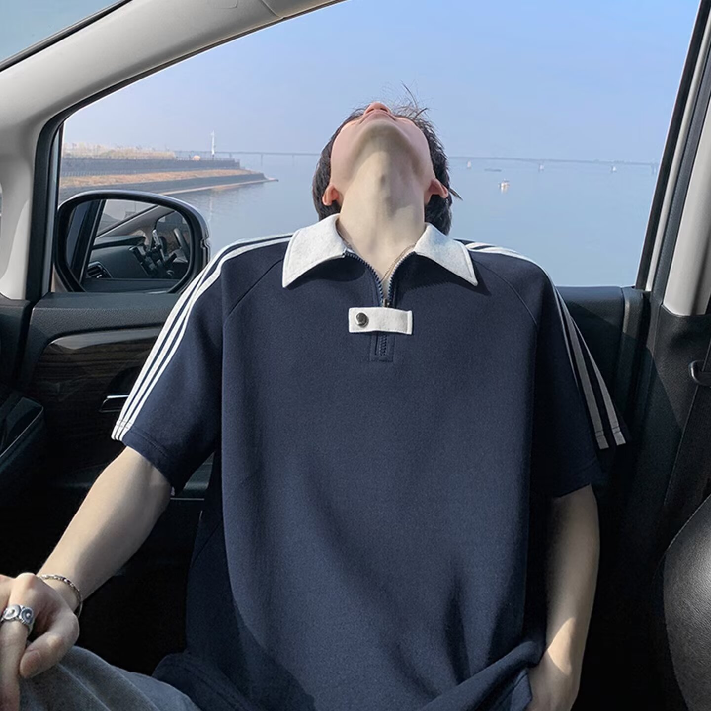 撞色条纹POLO衫男夏季新款半拉链翻领短袖学院风痞帅短袖上衣服