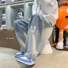 美式男款裤子高街ins潮男笑脸涂鸦复古牛仔裤宽松直筒阔腿裤春秋