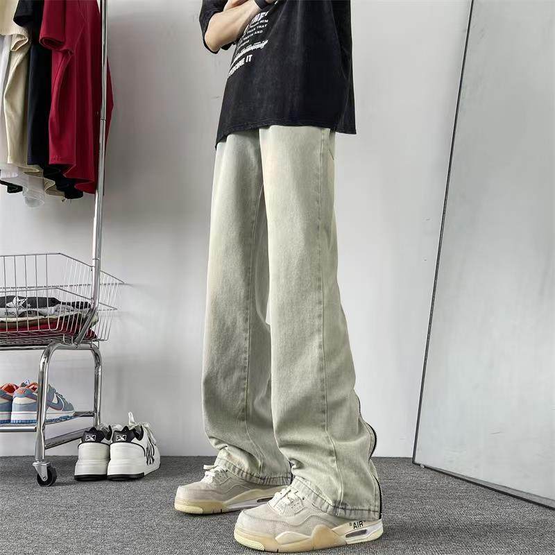 美式复古黄泥微喇牛仔裤男款夏薄款高街vibe裤子男士修身直筒裤子
