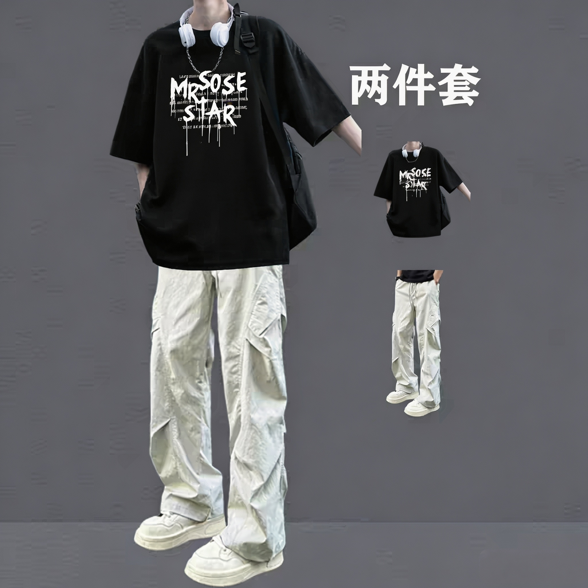 套装潮牌纯棉短袖t恤男生夏季青少年轻松搭配休闲裤痞帅气两件套