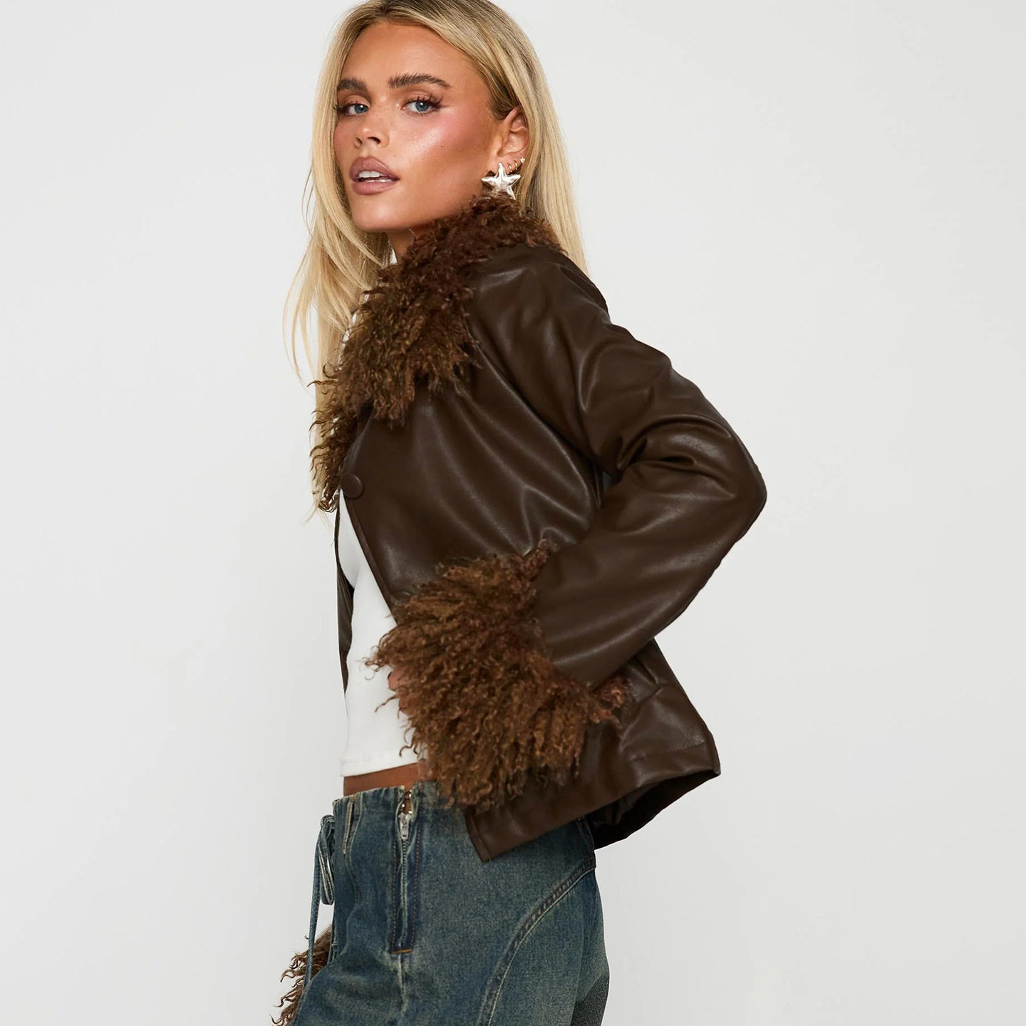 Vintage复古毛毛领拼接修身皮夹克秋冬时尚女装欧美气质休闲外套