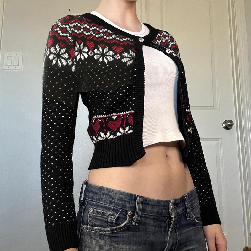 秋冬圣诞季撞色雪花开衫毛织外套2024欧美气质温柔风修身短款毛衣