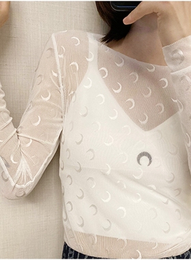 m#arine 新款打底衫弹性月亮半透网纱长袖罩衫内搭性感se*rr#e
