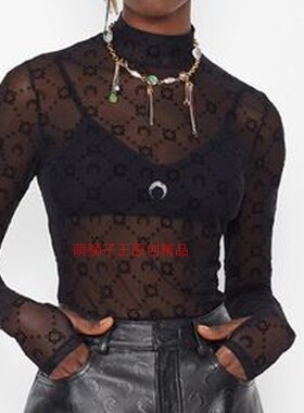 高版 Ma213rine 性感网纱半透明格纹月亮植绒印花长袖打底T恤