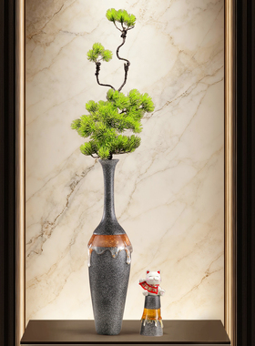 迎客松花瓶招财猫入户玄关客厅书房电视柜隔断竖长高级中古装饰品