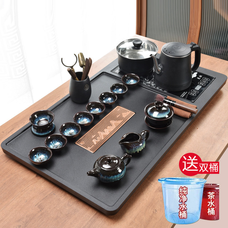 整块石头茶盘家用简约全自动烧水壶乌金瓷石茶台一体功夫茶具套组